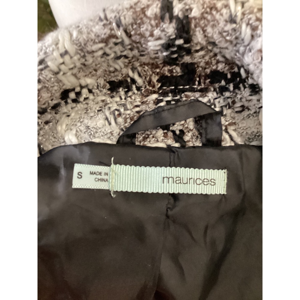Maurices Womens Black White Brown Plaid Belted Pea Coat Jacket Size S Small - Picture 6 of 7